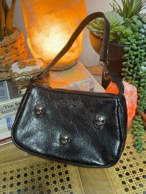Ed Hardy Black Mini Shoulder Bag Metal Skull Studs Y2K Goth Baguette Purse